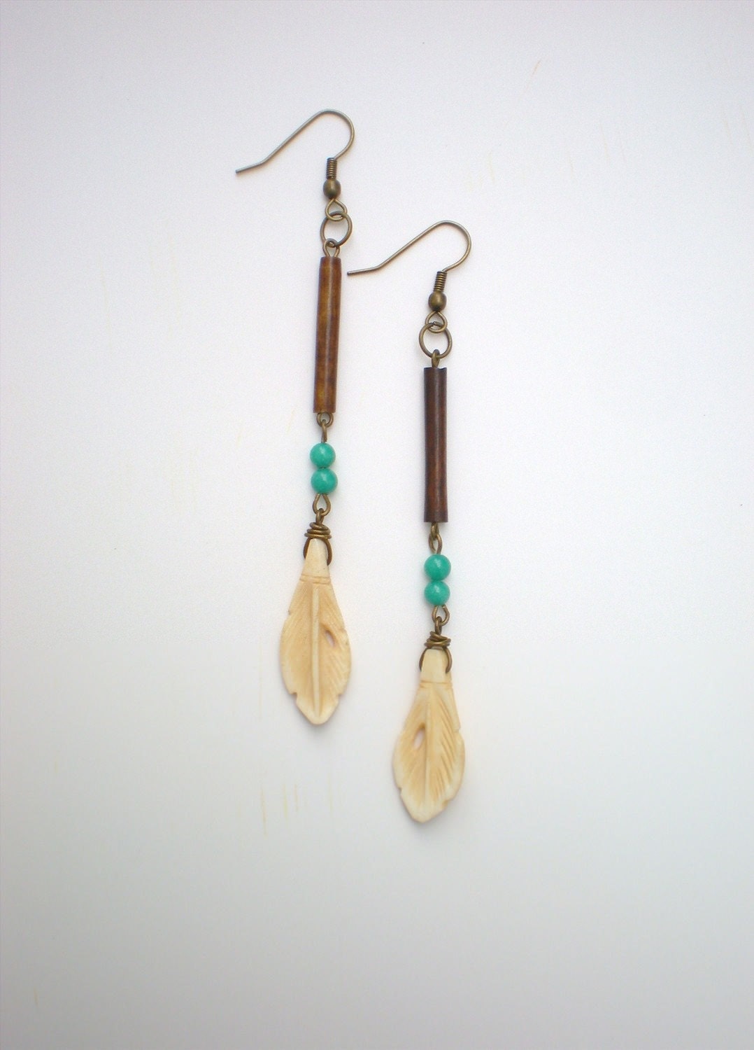 30% OFF COUPON SALE - Bone Feather Earrings with Wood and Jade Beads
