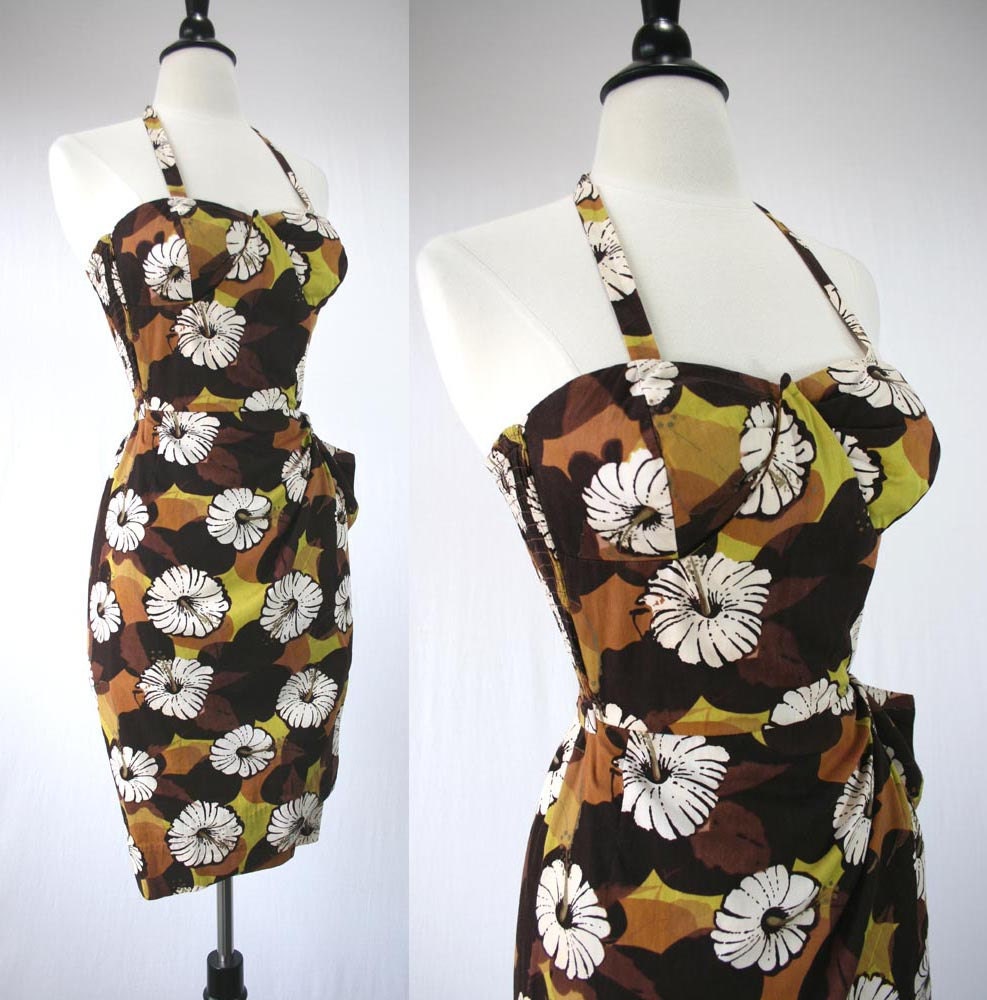 Shaheen Vintage 50s Dress Wiggle Hawaiian Sarong Shelf Bust Bombshell Silkscreen Metallic Honolulu Hawaii 1950s Dresses