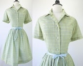 Vintage 50s Dress Shirtwaist Full Skirt Rockabilly Day Green Multi Plaid Button Front Size L XL 1950s Dresses