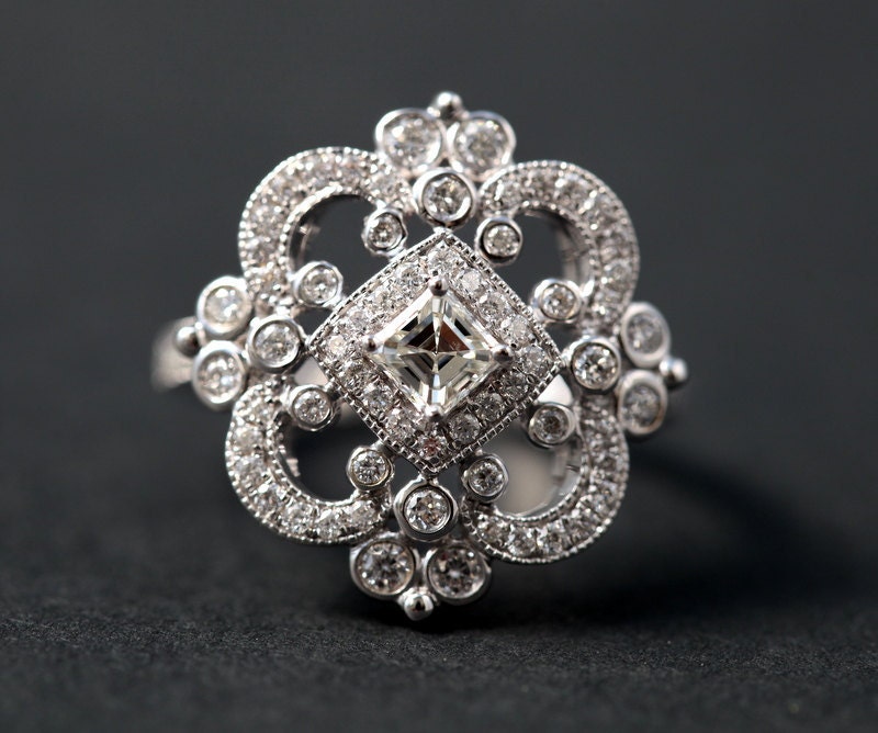 DUCHESS - Diamond Engagement Ring or Right Hand ring SEMI-MOUNT-14K white gold - Weddings- Luxury- Brides - art deco - BP0011