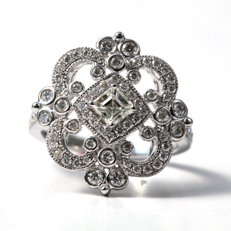 DUCHESS - Diamond Engagement or RIGHT Hand Ring 14K white gold -Asscher Cut - Round - Weddings- Brides - Bp0011