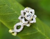 LOVE IN BLOOM - Flower Lotus Rose Diamond Engagement or Right Hand Ring - 14k white rose or yellow gold -fL03