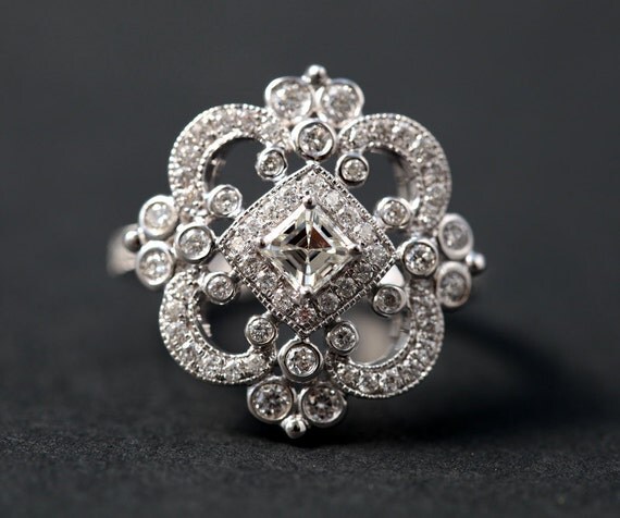 DUCHESS - Diamond Engagement Ring or Right Hand ring SEMI-MOUNT-14K white gold - Weddings- Luxury- Brides - art deco - BP0011