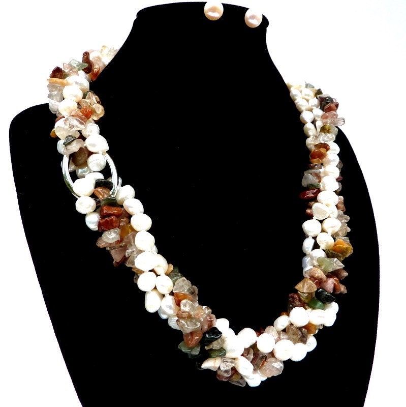 THE TWIST OF LIFE - 2 Strand Genuine Baroque Freshwater Pearl and Multi Stone Necklace and Earrings Set