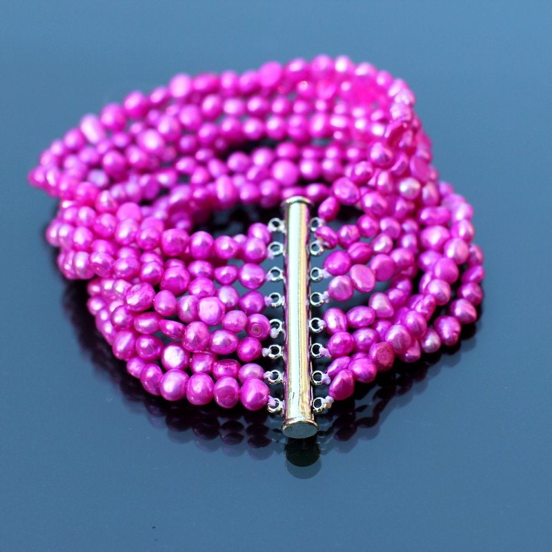 last one - on sale - 8 strand/ 8 row FUSHIA Genuine Freshwater Pearl BRACELET - Weddings - brides - Bridesmaids - Gifts