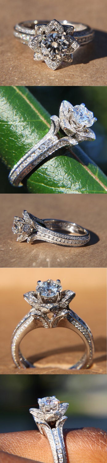 UNIQUE Flower Rose Diamond Engagement or Right Hand Ring - 2.25 carat - 14K white gold - wedding - brides - fL01