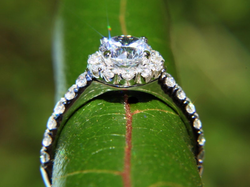 CUSTOM Made - Diamond Engagement Ring - 1.61carat Round - Split Shank- Halo - Pave - Antique Style - 14K white gold