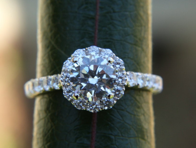 Platinum CUSTOM Made - Diamond Engagement Ring Semi Mount Setting- .61carat Round - Split Shank- Flower Halo - Pave - Antique Style