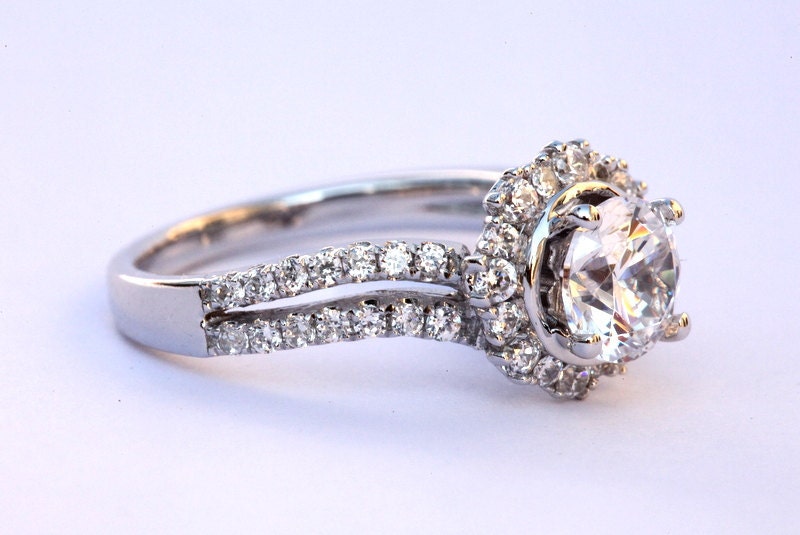 CUSTOM Made For YOU - 1.60 carat Round - Halo - Pave - Antique Style - Diamond Engagement Ring 14K white gold - Weddings- Luxury- Brides