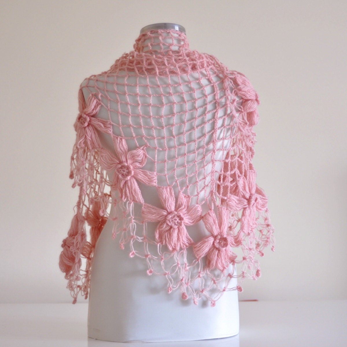 SUPER SALE Handmade Pink Flower Mohair Triangle Shawl