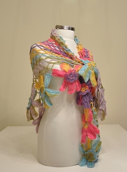 SUPER SALE Rainbow SHAWL Handmade Flower Mohair Triangle Shawl