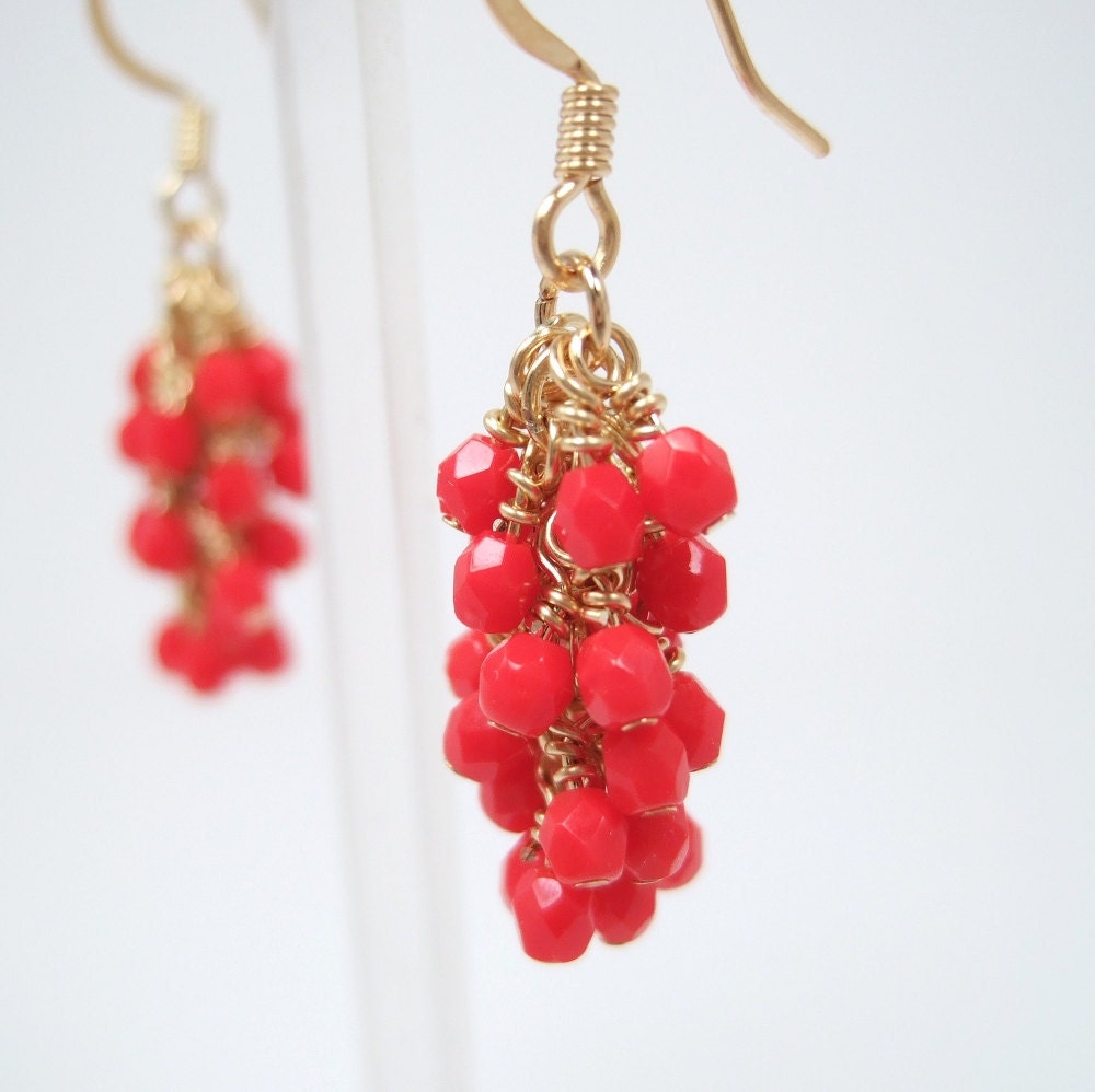 Red Cascading Glass Dangle Earrings in Gold, Red Dangle Earrings