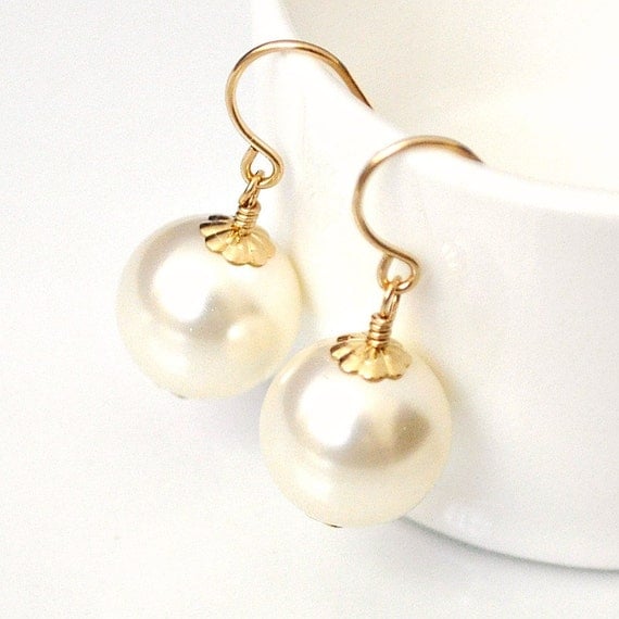 Gold Bridal Earrings. Ivory Pearl Drop by somethingjeweled on Etsy