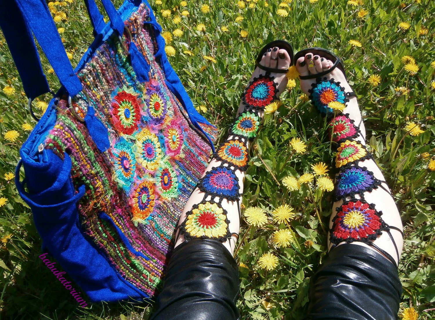 Upcycled Technicolor Crochet Sun Mandala Tote Bag