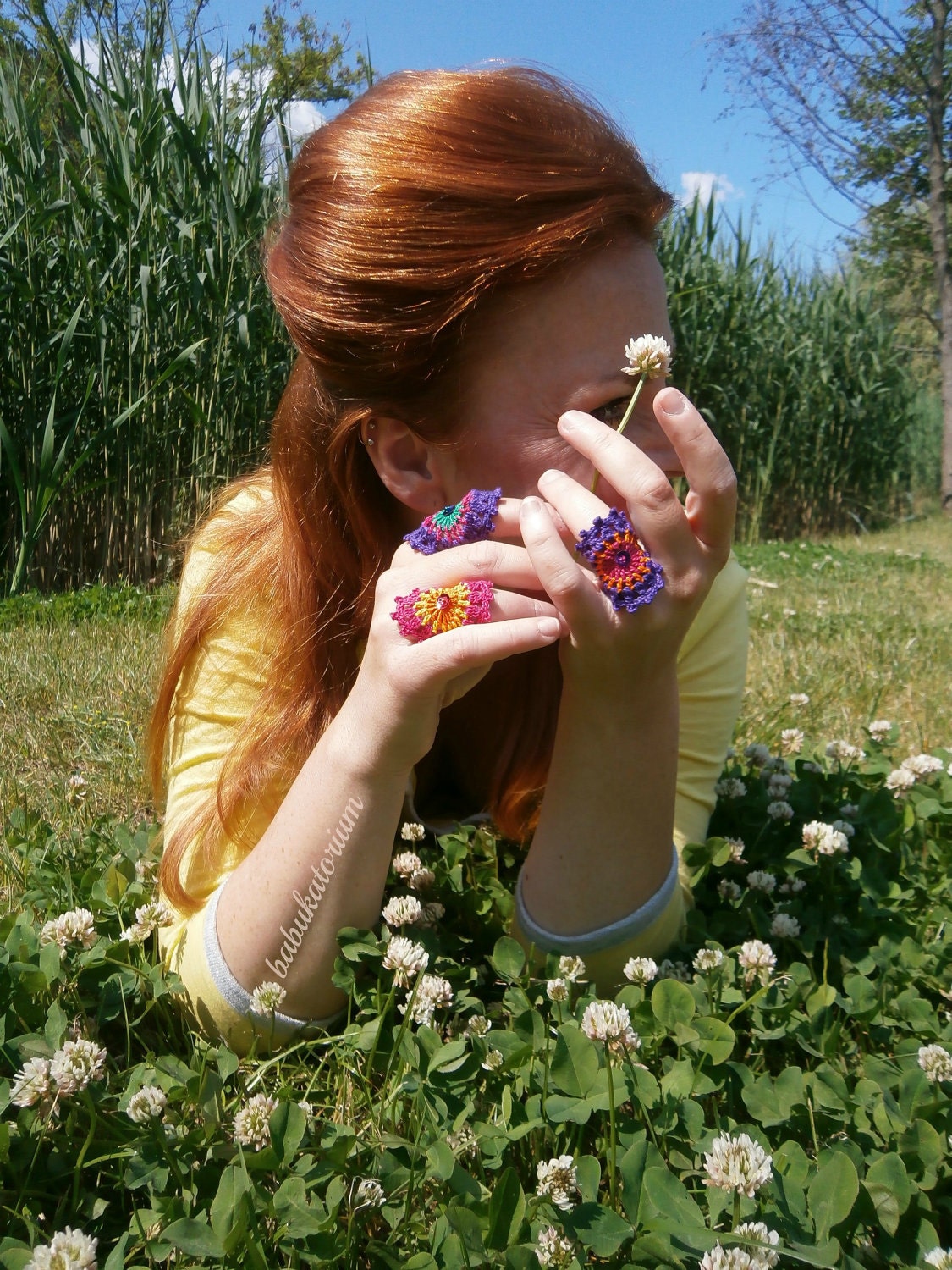 Crochet Ring - Multicolor Orange / Yellow / Pink Mandala With Pink Bead And Red Sequin