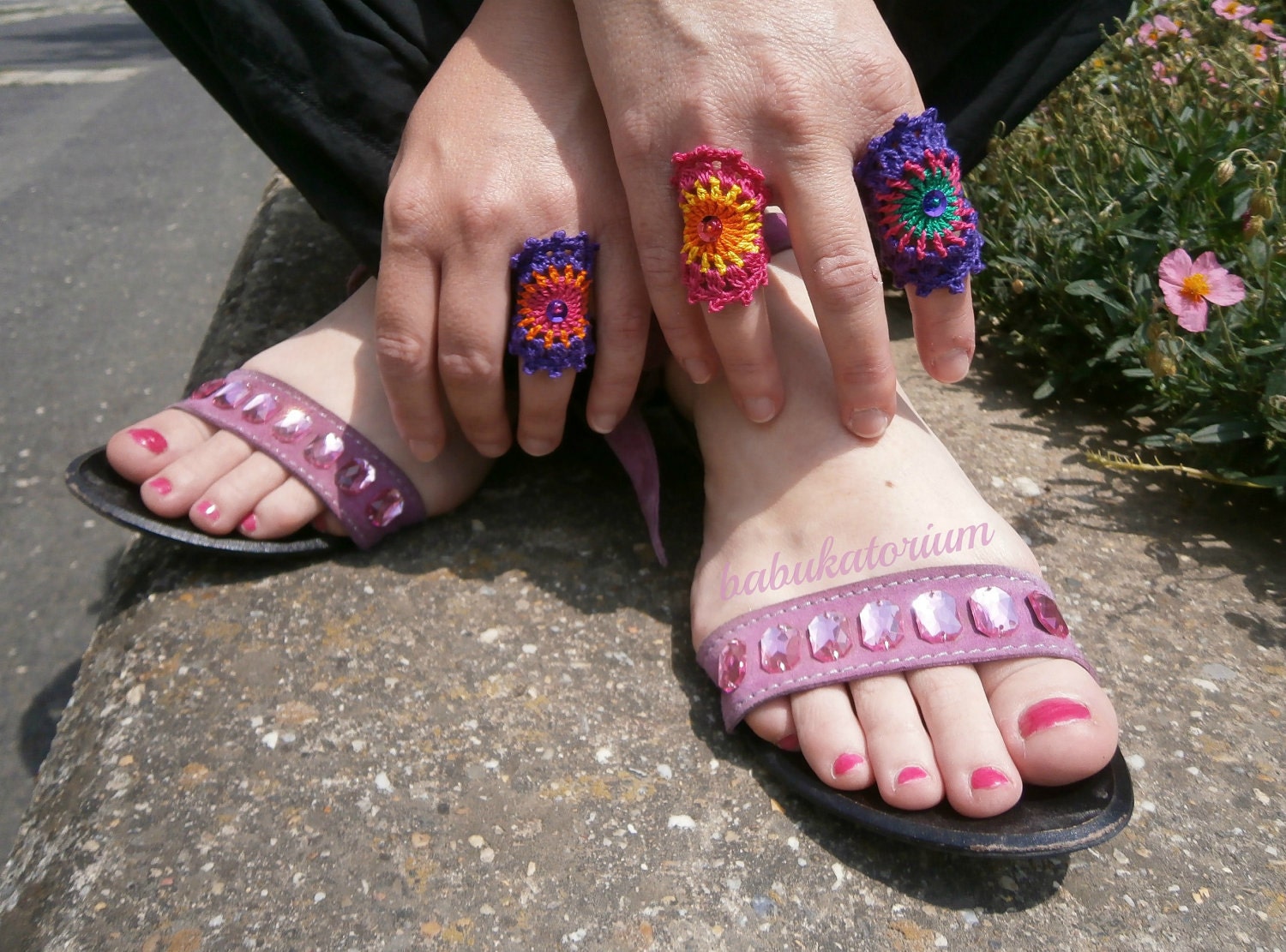 Crochet Ring - Multicolor Orange / Yellow / Pink Mandala With Pink Bead And Red Sequin