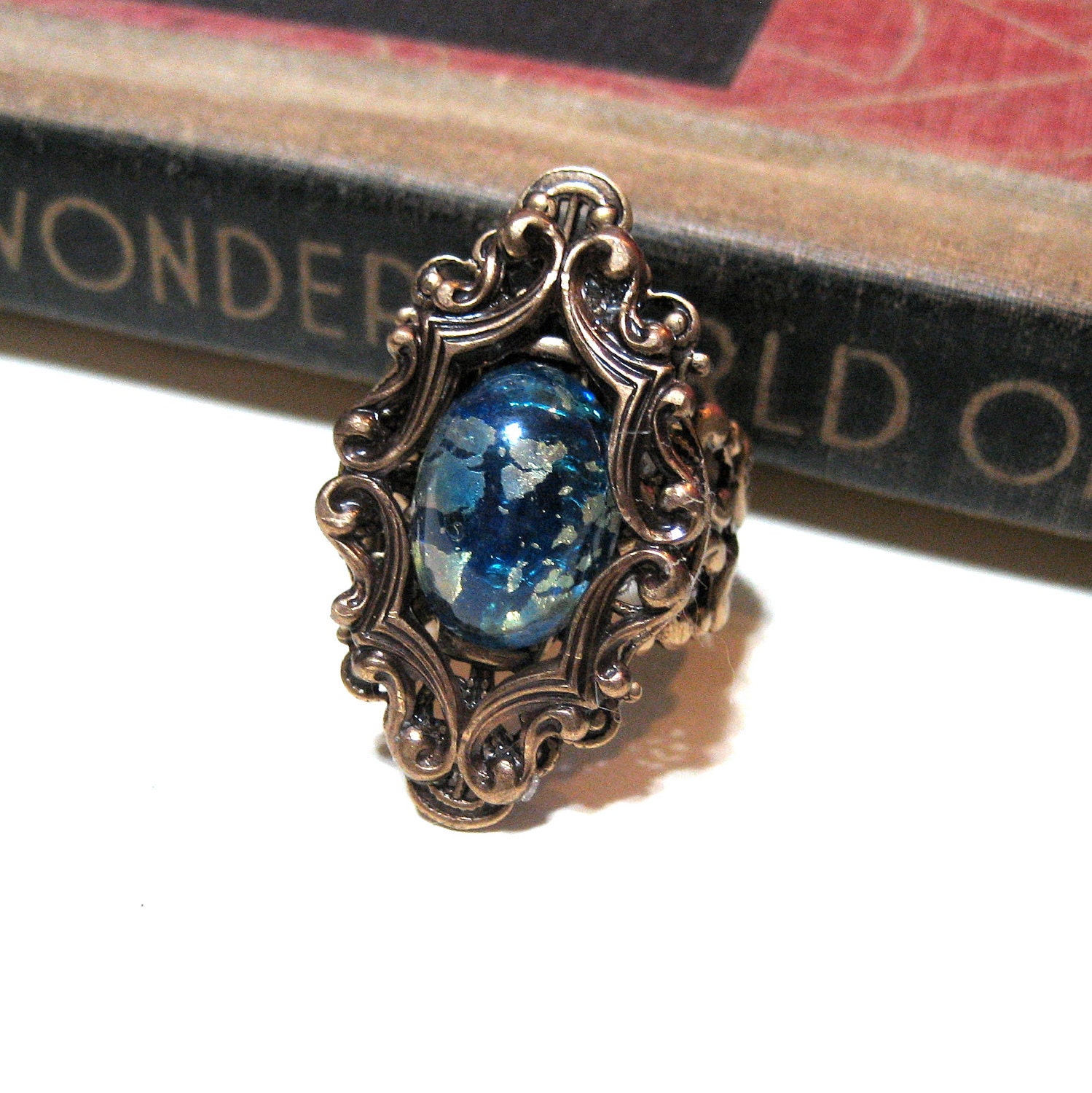 Blue and Green Harlequin Opal Ring in Antique Brass - Adjustable - Cocktail Ring - fire opal - Victorian - Antiqued Brass - Filigree