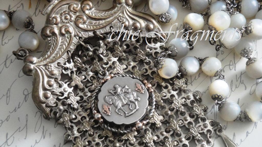 CHATELAINE French Fleur de Lis Coin Purse Necklace. Antique Joan of Arc Sterling Silver Vermeil Medal. Antique French Nun's MOP Rosary