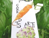 Bookmark,  Zucchini-Carrot-Artichoke, gardening quotation on back, silky smooth cardstock