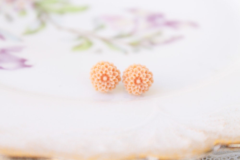 Tiny Pale Peach Dahlia Earrings