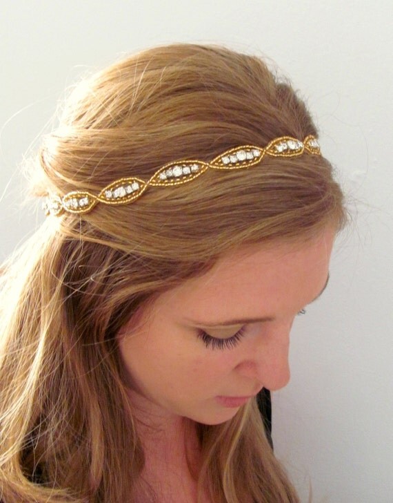The Natalie II - Silver Rhinestone and Gold Beaded Tie Headband or Halo
