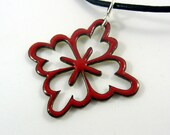 Red Hanabishi flower enamel pendant in copper with leather cord