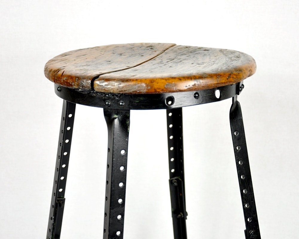Vintage Industrial Oak & Metal Stool
