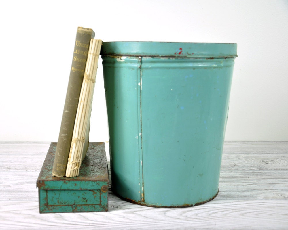 Vintage Storage Tin / Turquoise Tin Box / Industrial Storage