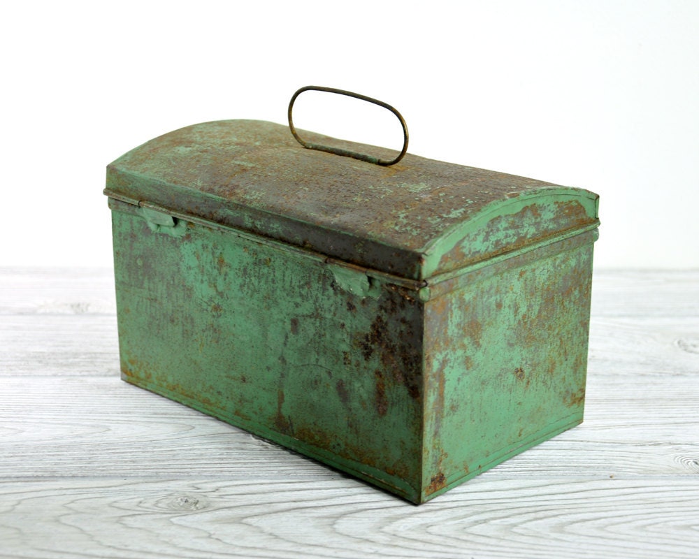 Vintage Rustic Storage Tin / Aqua Tin Box / Industrial Storage