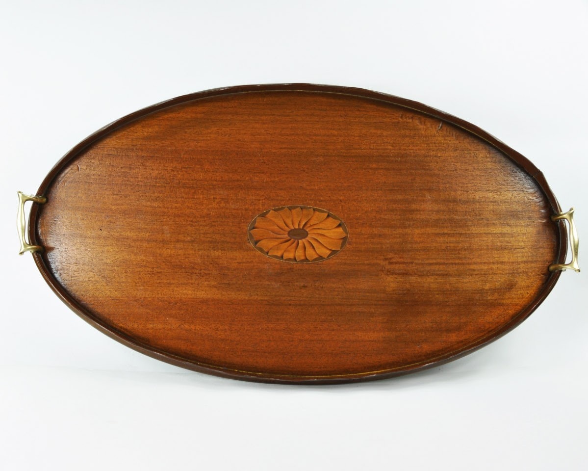 Vintage Inlaid Wood Tray with Brass Handles Extra by HavenVintage
