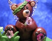 Spring Angel Bear with Pink Flowers and Bunny Friends Polymer Clay Figurine Decoration