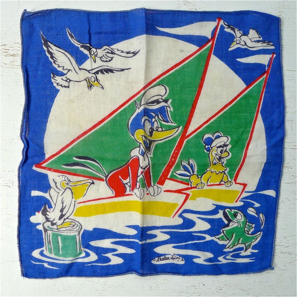 Vintage Antique Woody Woodpecker Childrens Hankie Signed 1940's