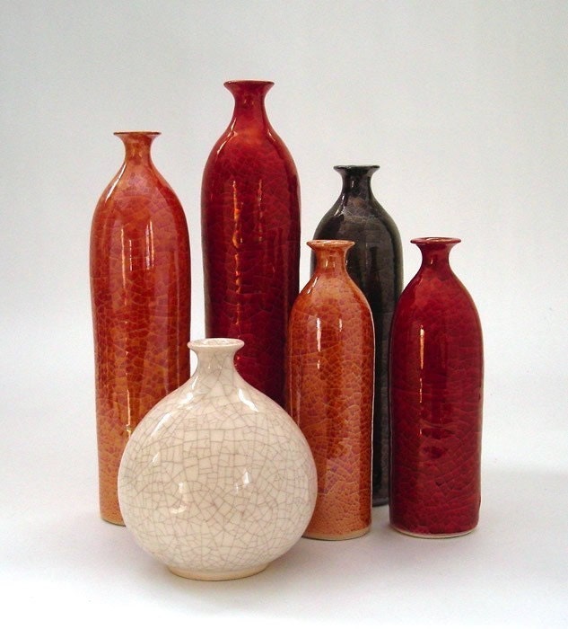 Modern Vase Spring Danish Ceramic Scandinavian Home Decor, Six minimalist wheel thrown pottery bottles, Amber Orange Red Black White - blueroompottery