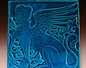 Sphynx / Handmade Relief Carved Ceramic Tile / Mythical Creature Art Deco Architectural Element
