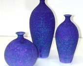 Group of three Handmade Wheel Thrown Pottery Blue Amethyst Purple bottles / Mediterranean Decor