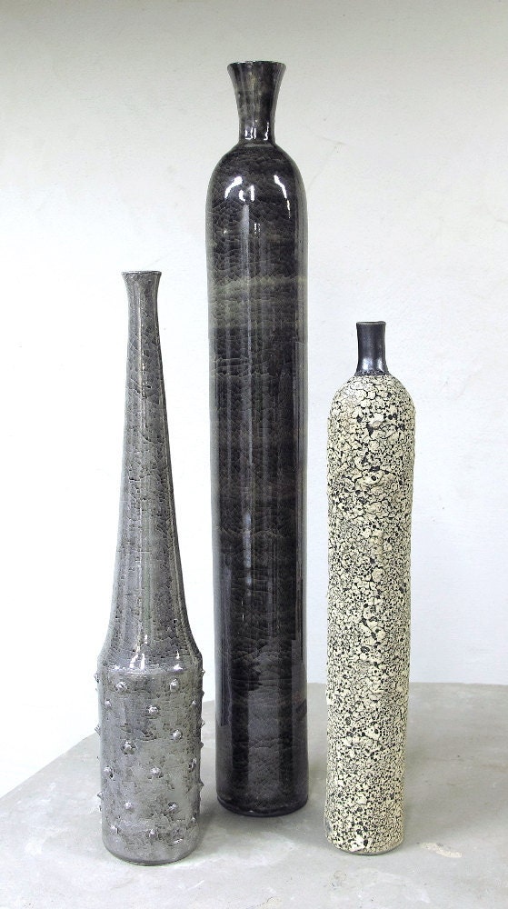 Minimalist Ceramic Bottles Set of 3 wheel-thrown Pottery Dried flowers vessel, Modern Home decor, Neutral Grey Black BlueRoomPottery