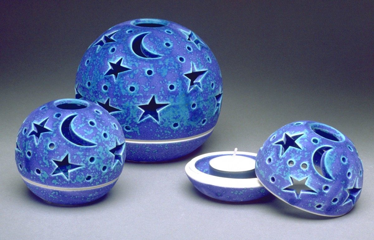 Purple Blue Ceramic Decor Stars & Moon Velvet Purple Handmade Pottery Candileria Graduation Gift Romantic Candle Holder - blueroompottery