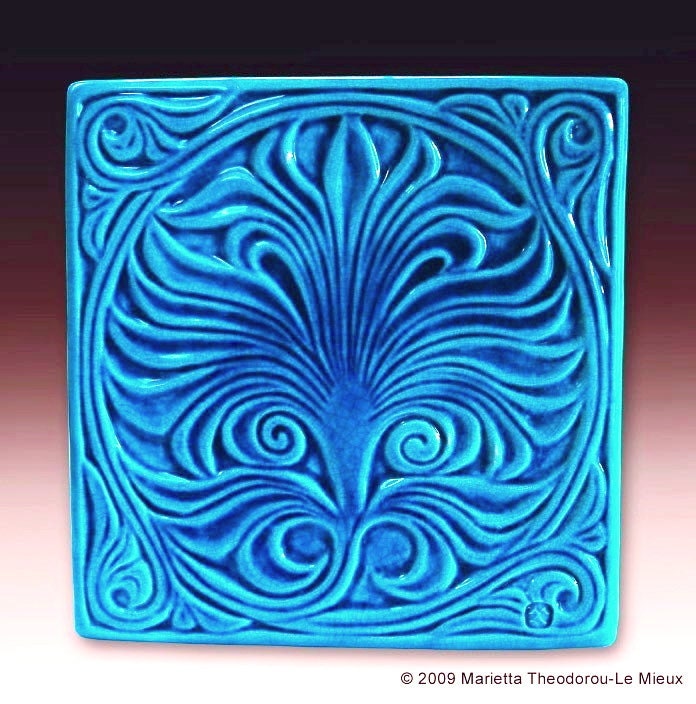 Handmade Ceramic Pottery Relief Carved Tile / Fleur de lis decorations / Spring Home Wall Decor blue green turquoise