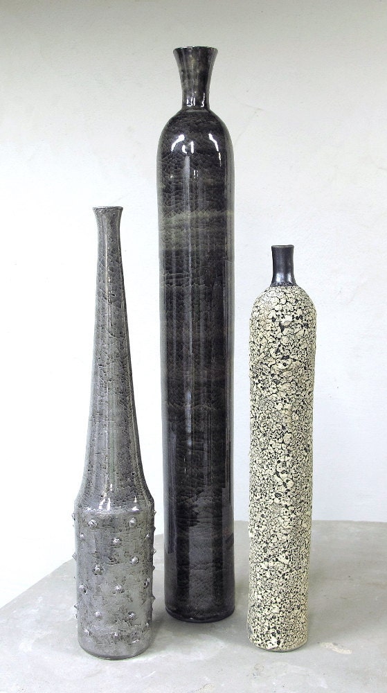 Minimalist Ceramic Bottles Set of 3 wheel-thrown Pottery Dried flowers vessel, Modern Home decor, Neutral Grey Black BlueRoomPottery