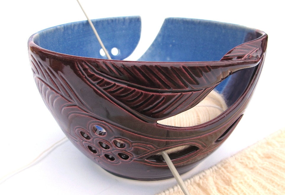 8" Large POTTERY Yarn Bowl Blue and Purple Lavender Blush Blue Mix Knitting Organization Wool Crochet Ceramic Bowl Twisted Leaf IN STOCK