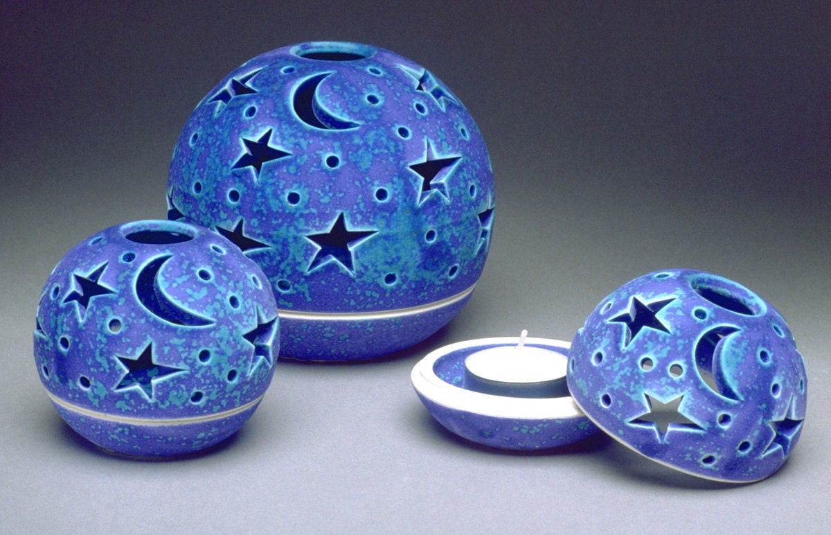 Ceramic Candle holder Spring Home Decor Purple Blue Stars & Moon Velvet Purple Handmade Pottery Candileria Romantic