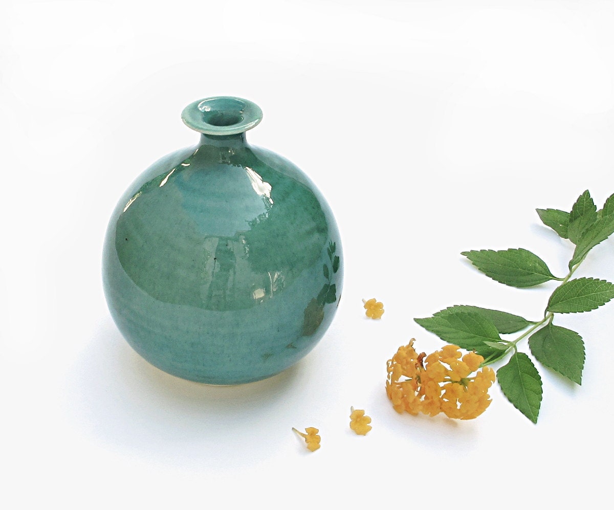 Modern Minimalist Ceramic Bottle, Spring Home Decor Mint Turquoise Green, Wheel Thrown Aqua Round Dried Flower Bud Vase