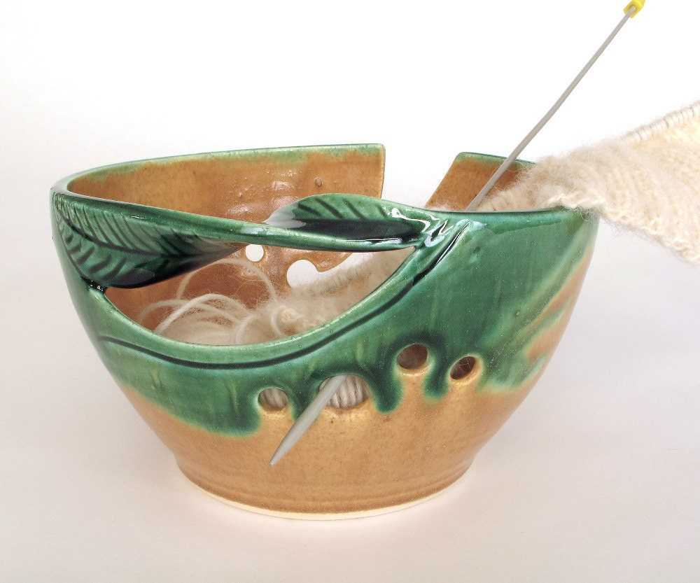 Yarn Organizer, Ceramic Yarn Bowl, Autumn Colors Winter KNITTING Lime Green Yarn Wool Organizer Yellow orange pottery twisted leaves