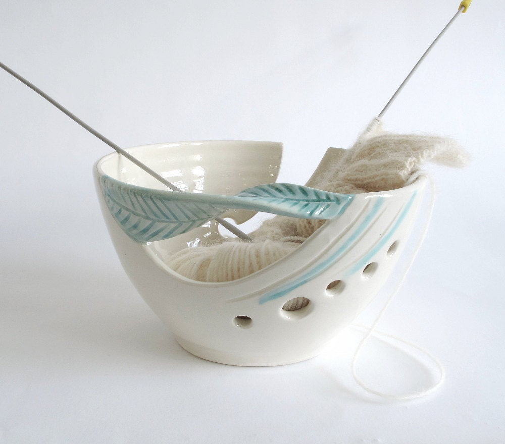 Yarn Bowl, Knitting Bowl Wheel thrown pottery Fresh Spring White KNITTERS twisted leaves stoneware gift Handmade ceramic