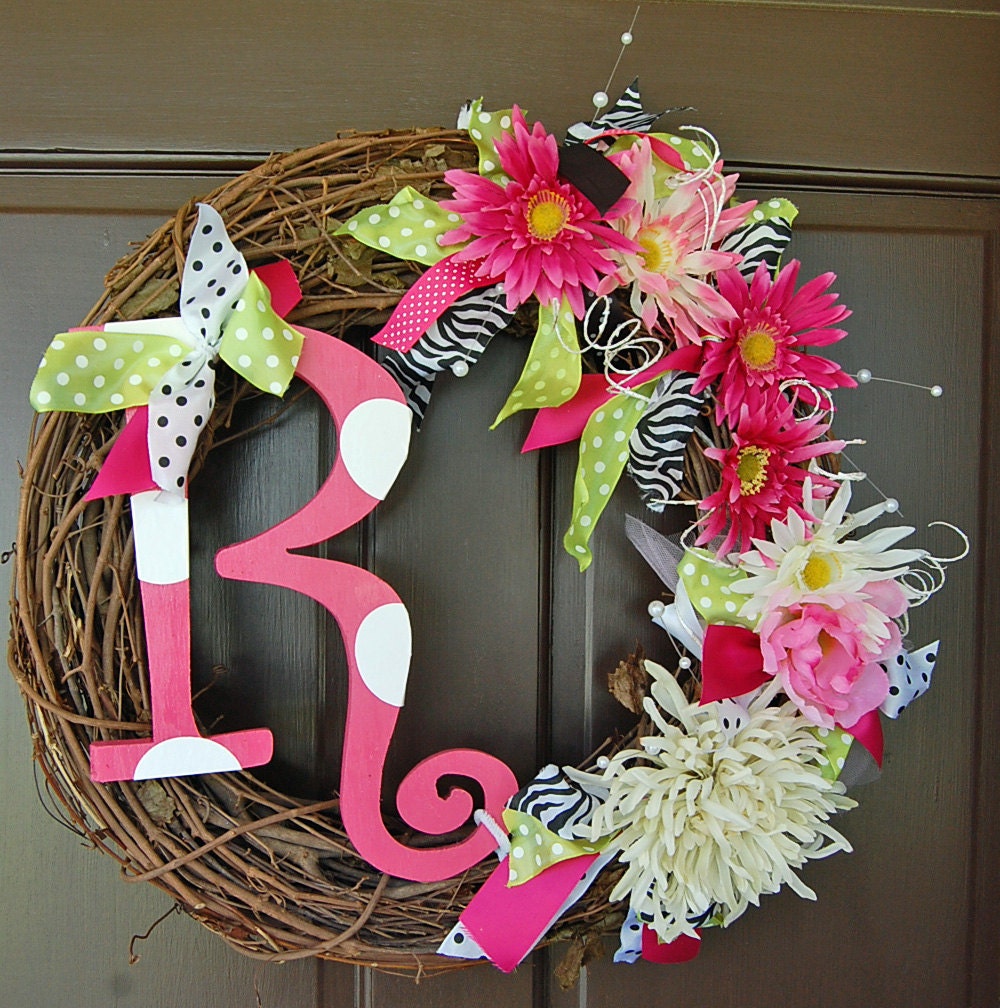 Totally Custom Initial Wreath with flowers ribbon wooden letter and vine wreath Great wedding gift