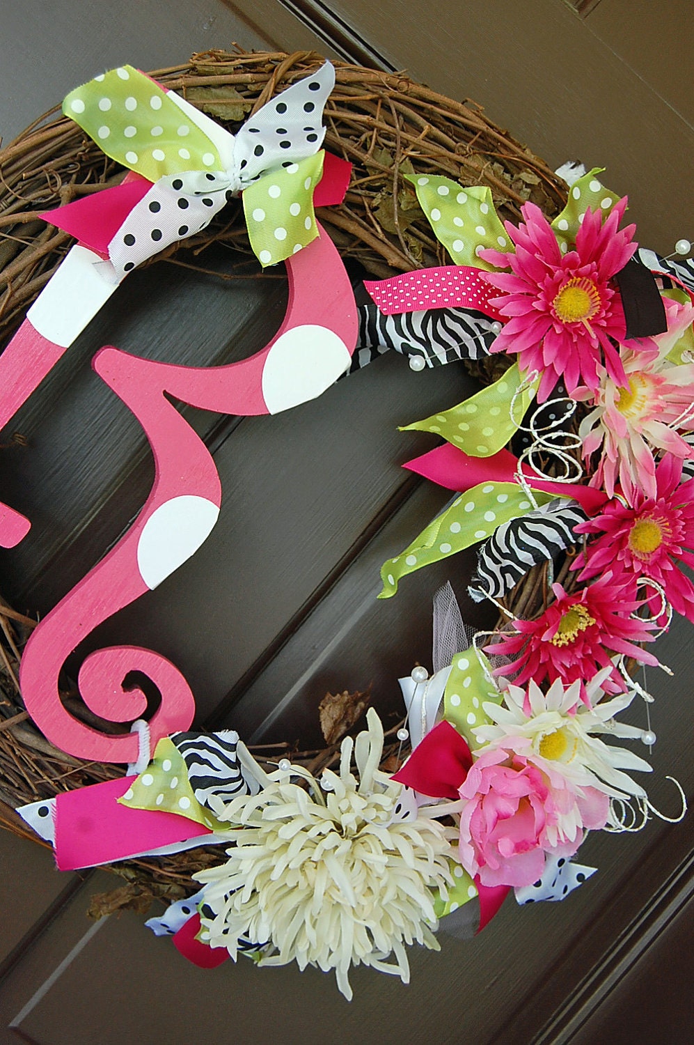 Totally Custom Initial Wreath with flowers ribbon wooden letter and vine wreath Great wedding gift