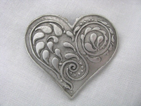 Metal heart pin brooch with embossed design by by PinMePins