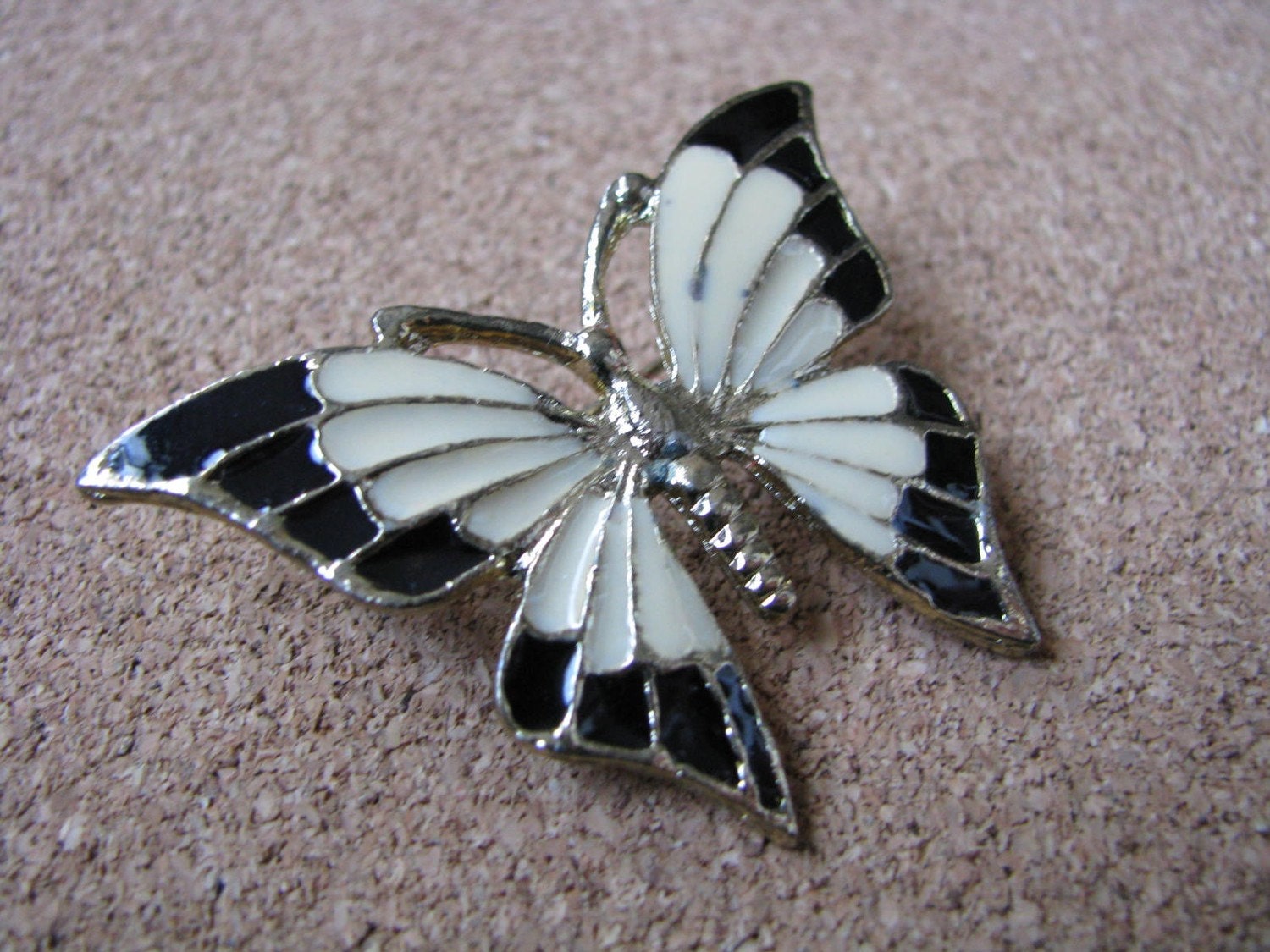 Cream & black enamel butterfly pin brooch with gold tone edging