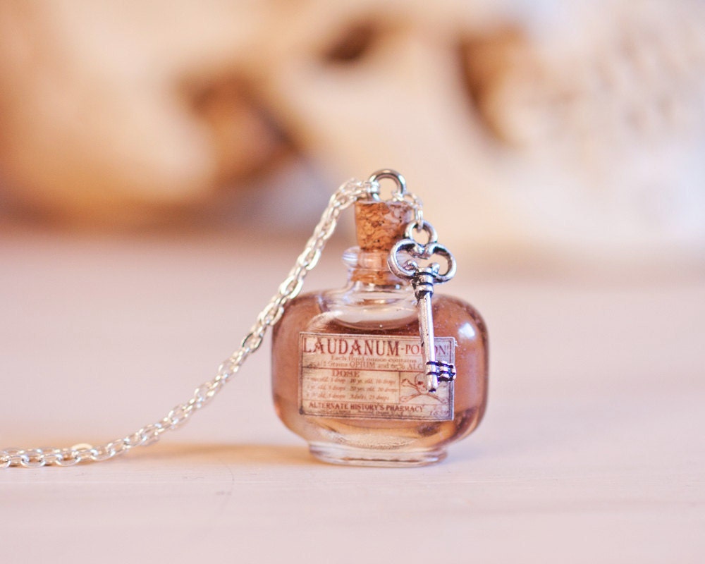Laudanum / Poison Bottle Necklace with Skeleton Key - Small Apothecary Labeled Bottle