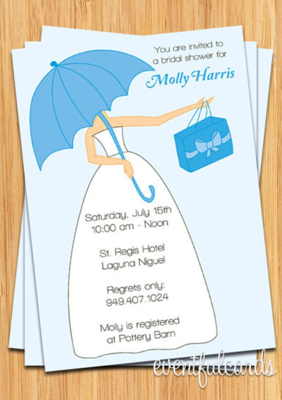 Blue Bridal Shower Invitation - Bride with Umbrella - Fully Customizable Il_570xn